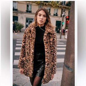 Sezane Isae Leopard Print Faux Fur Coat